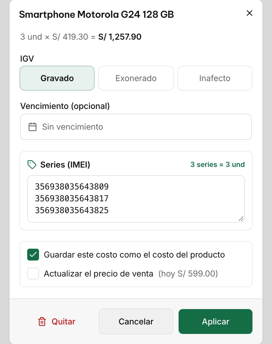 Compra de tres Motorola G24: el costo y sus tres IMEI escritos, uno por línea