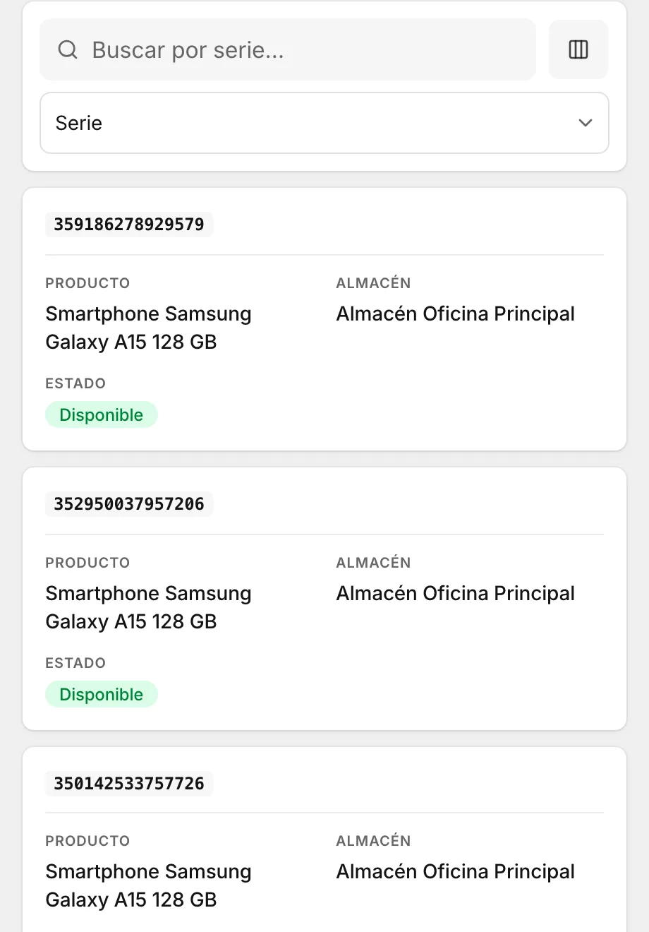 Lista de series: cada IMEI con su producto, su almacén y su estado