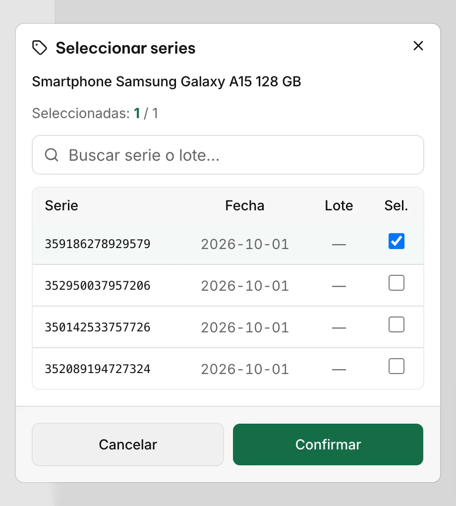 Seleccionar series del Samsung Galaxy A15: los IMEI disponibles con su fecha de ingreso y uno marcado para la venta