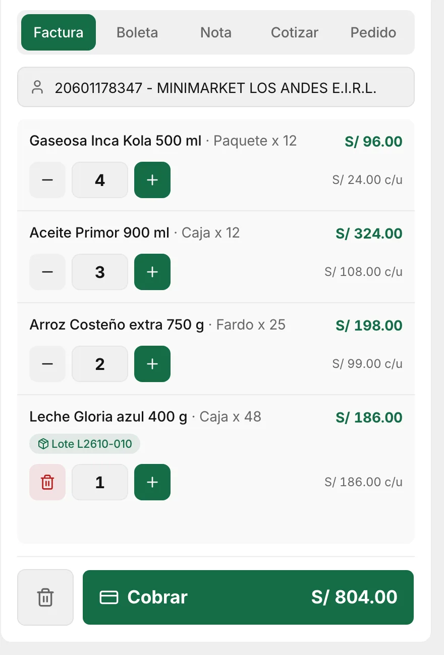 Factura para Minimarket Los Andes: 4 paquetes de Inca Kola, 3 cajas de aceite, 2 fardos de arroz y una caja de leche con su lote, por S/ 804.00
