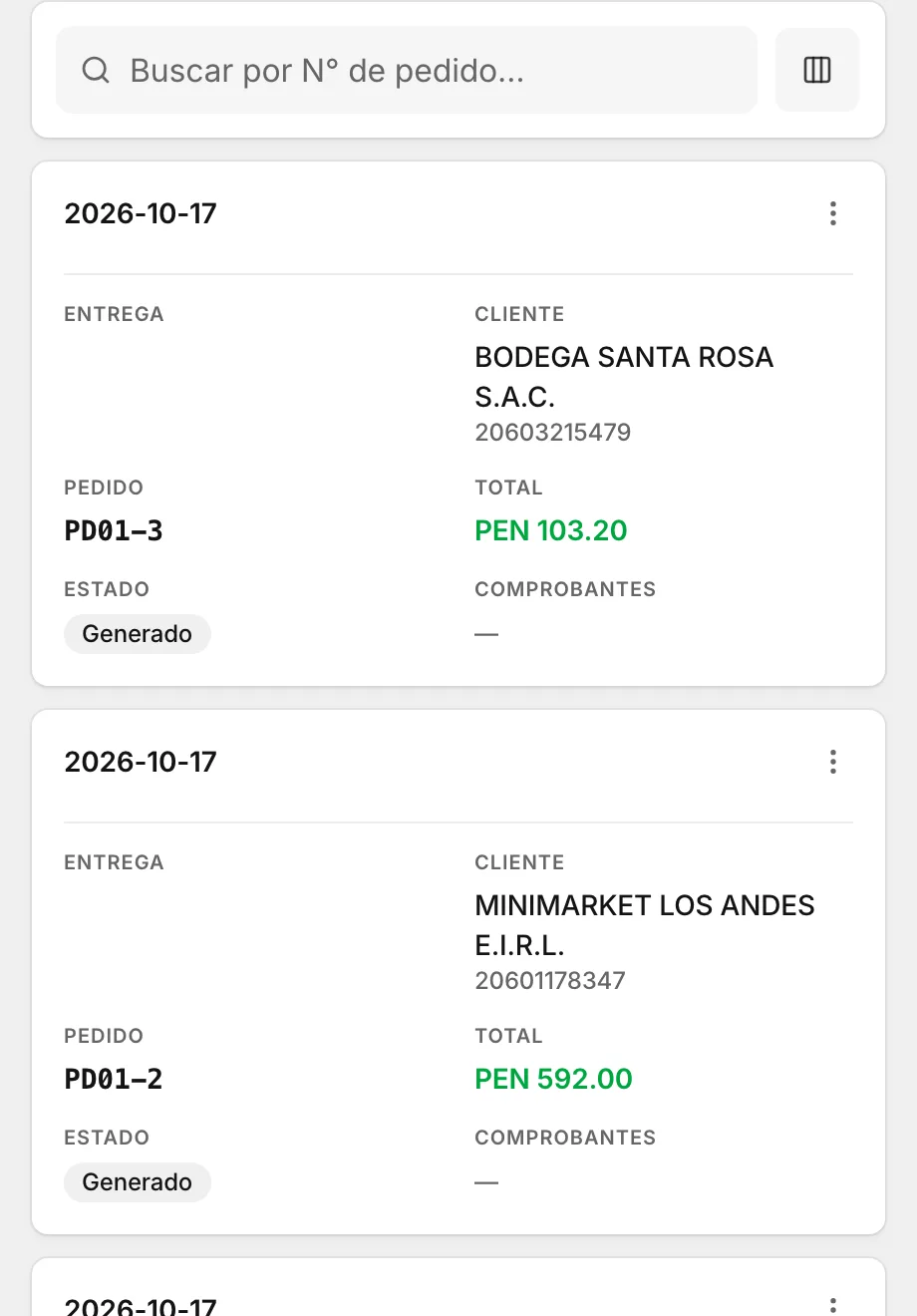 Pedidos de bodegas y minimarkets, cada uno con su cliente, su número, su total y su estado