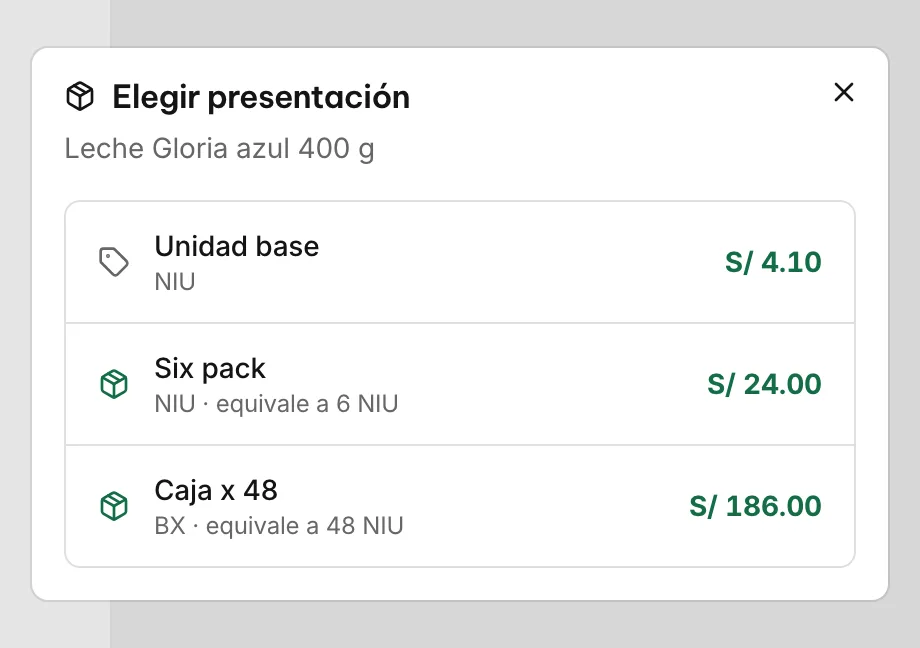 Elegir presentación de la leche Gloria azul 400 g: la unidad a S/ 4.10, el six pack a S/ 24.00 y la caja de 48 a S/ 186.00