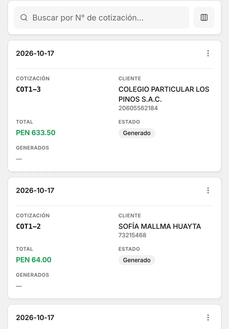Cotizaciones con su número, su cliente, su total y su estado: un colegio y dos listas escolares