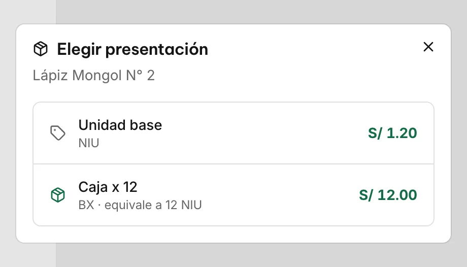 Elegir presentación del lápiz Mongol N° 2: la unidad a S/ 1.20 o la caja de 12 a S/ 12.00