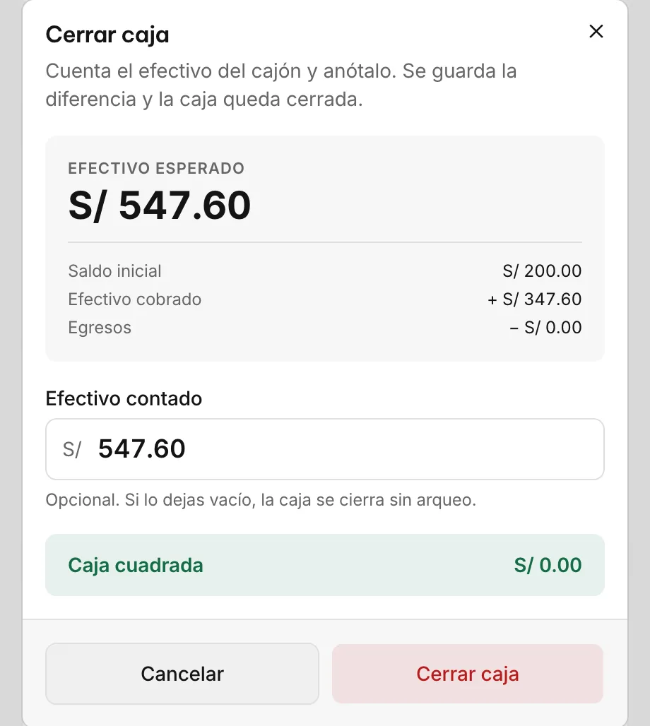 Cerrar caja: efectivo esperado S/ 547.60, efectivo contado S/ 547.60 y la caja cuadrada