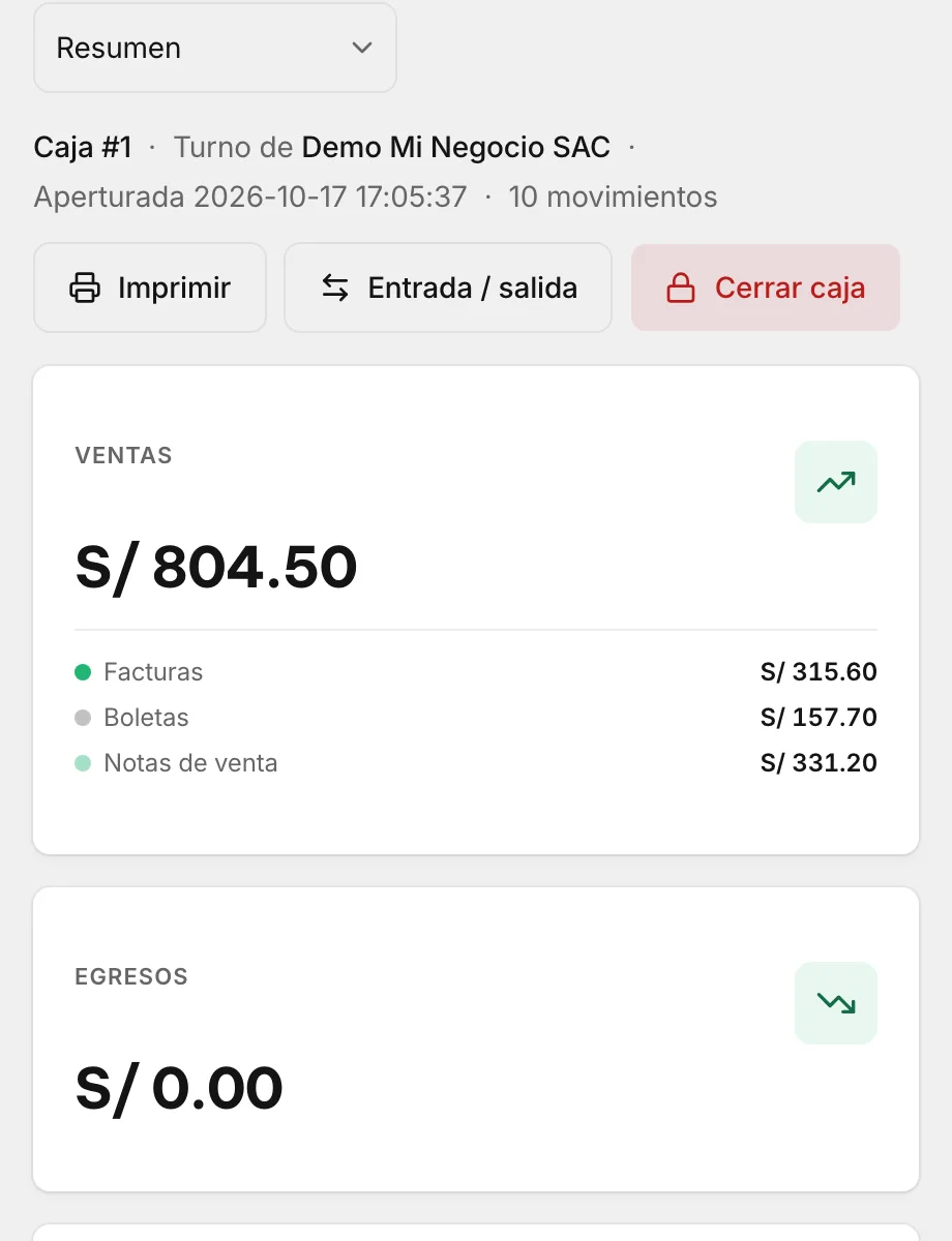 Resumen de la caja del turno: ventas por S/ 804.50, separadas en facturas, boletas y notas de venta