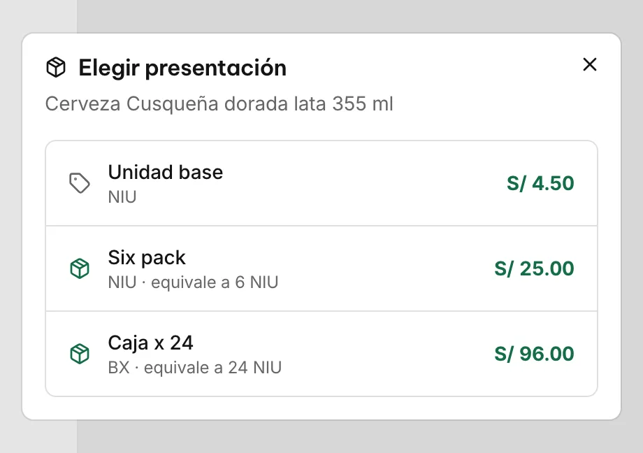 Elegir presentación de la Cusqueña dorada en lata: la unidad a S/ 4.50, el six pack a S/ 25.00 y la caja de 24 a S/ 96.00