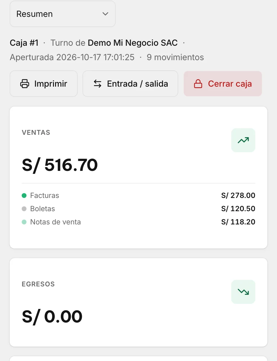 Resumen de la caja del turno: ventas por S/ 516.70, separadas en facturas, boletas y notas de venta