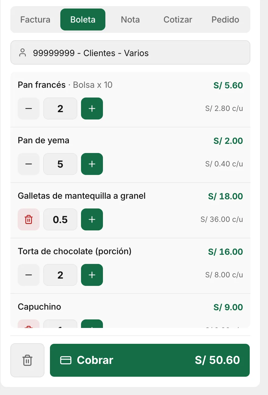 Carrito de boleta con dos bolsas de 10 panes franceses, 5 panes de yema, 0.5 kg de galletas a granel, dos porciones de torta y un capuchino