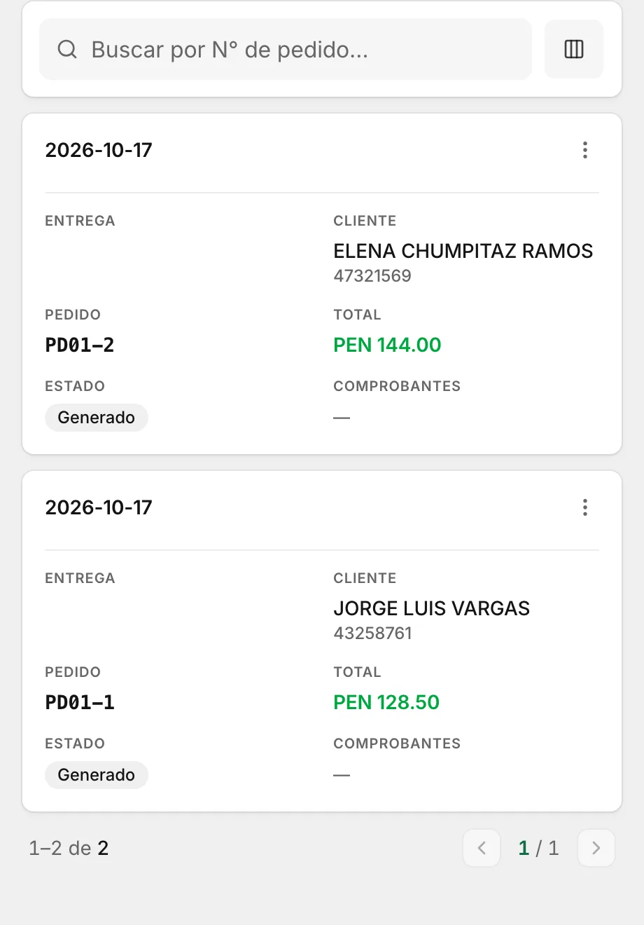 Pedidos de tortas y bocaditos, cada uno con su cliente, su número y su total