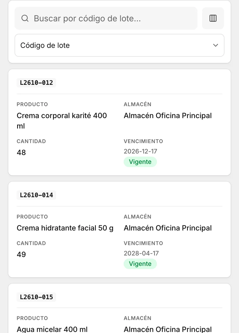 Lotes de cremas, cada uno con su cantidad y su fecha de vencimiento