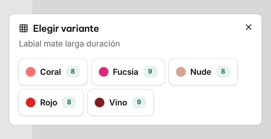 Elegir variante del labial mate larga duración: tonos coral, fucsia, nude, rojo y vino, cada uno con su stock