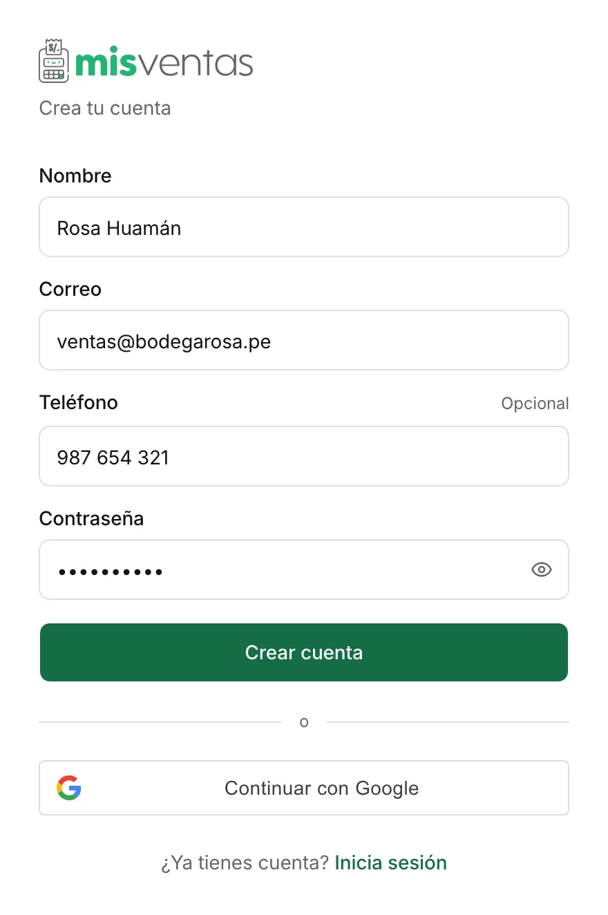 Formulario para crear tu cuenta en portal.misventas.pe