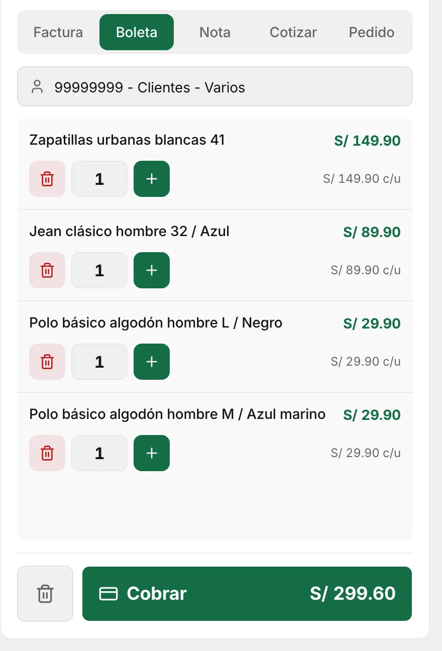 Carrito de boleta con zapatillas urbanas talla 41, jean clásico 32 azul y dos polos, uno L negro y otro M azul marino