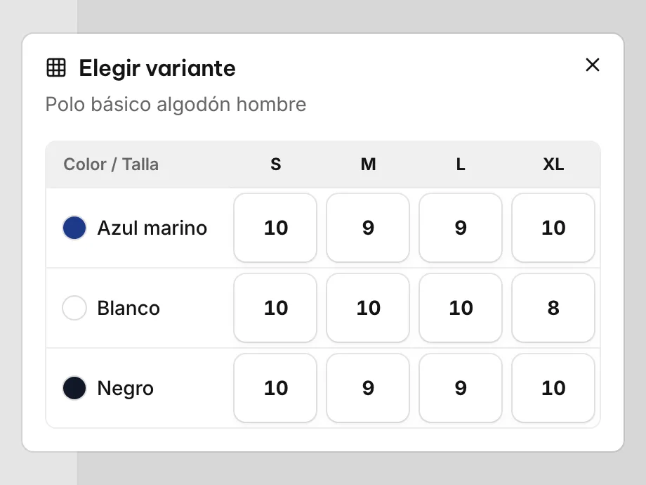 Elegir variante del polo básico algodón hombre: grilla de tallas S, M, L y XL en azul marino, blanco y negro, con el stock de cada una
