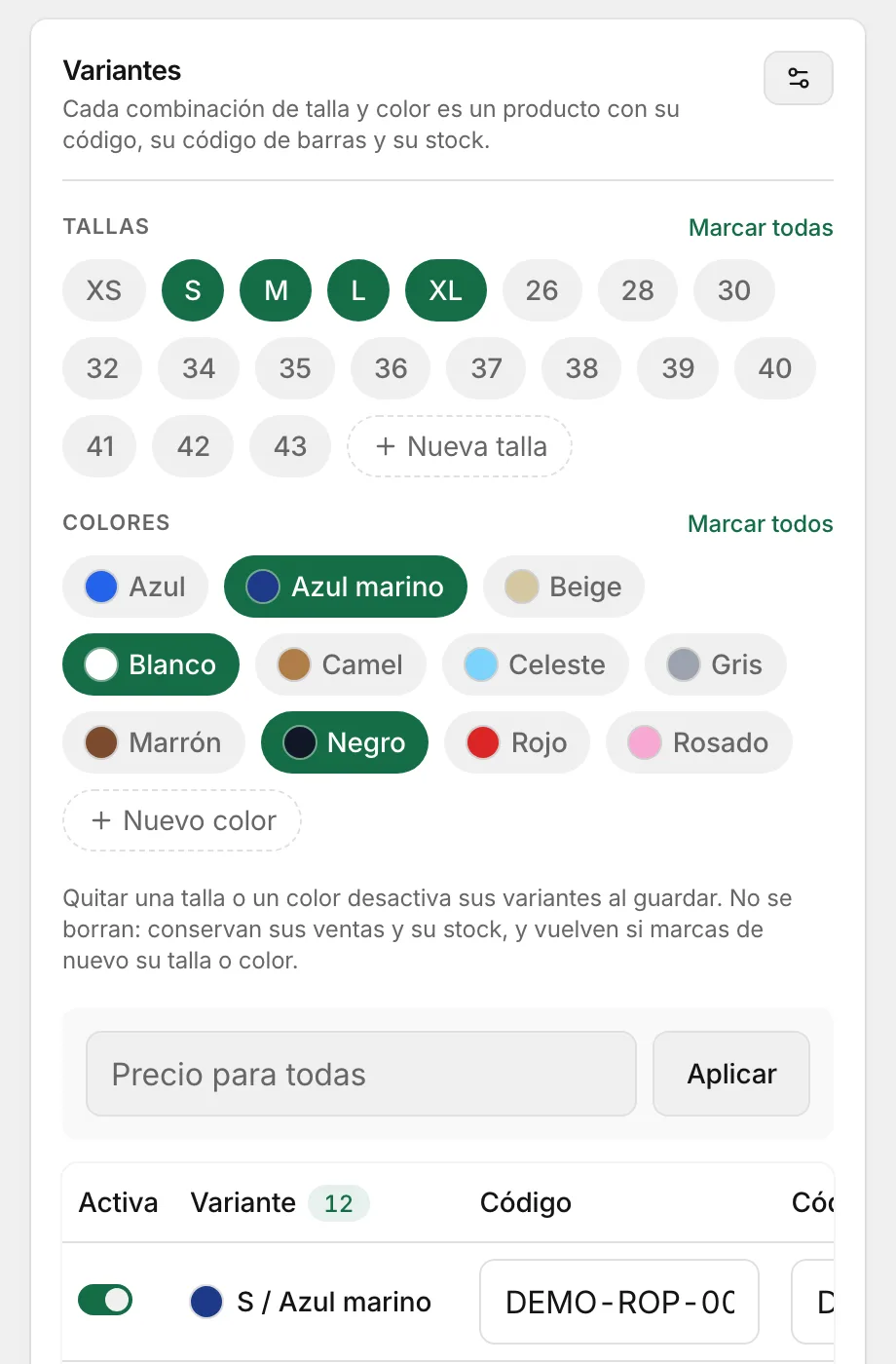 Ficha del polo: tallas S, M, L y XL y colores azul marino, blanco y negro marcados, y sus 12 variantes con su código