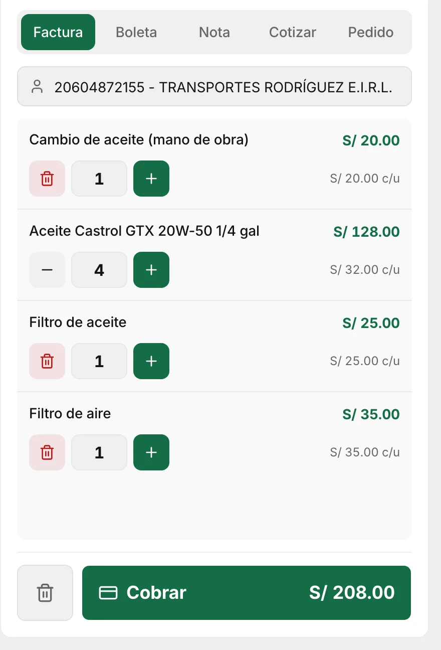 Factura para Transportes Rodríguez: cambio de aceite (mano de obra), 4 aceites Castrol, filtro de aceite y filtro de aire