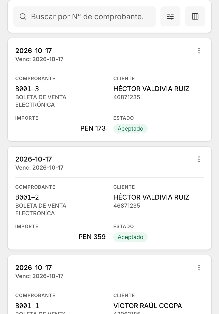 Boletas y facturas del taller con su cliente, su importe y su estado en SUNAT: aceptadas