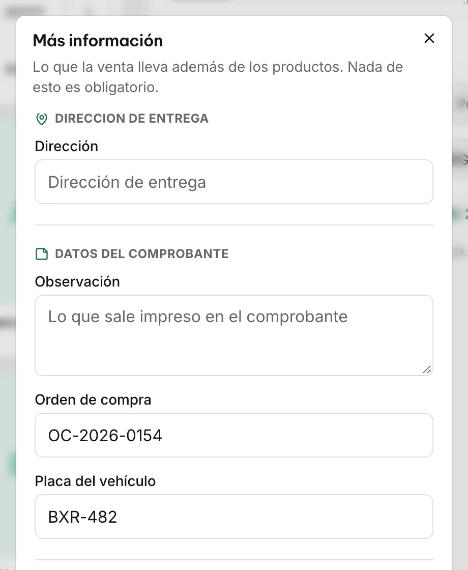Más información de la venta: orden de compra OC-2026-0154 y placa del vehículo BXR-482