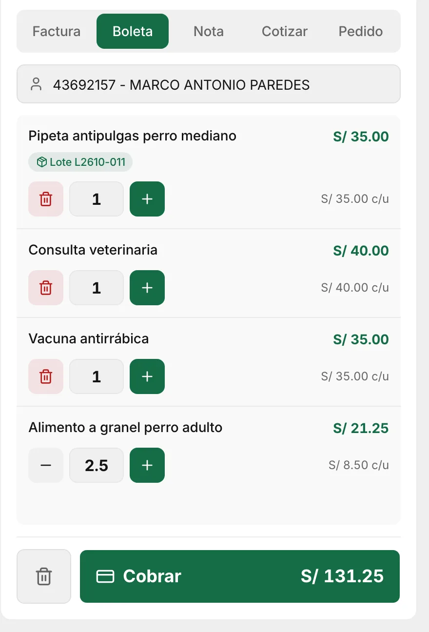 Boleta para Marco Antonio Paredes: pipeta antipulgas con su lote, consulta veterinaria, vacuna antirrábica y 2.5 kg de alimento a granel