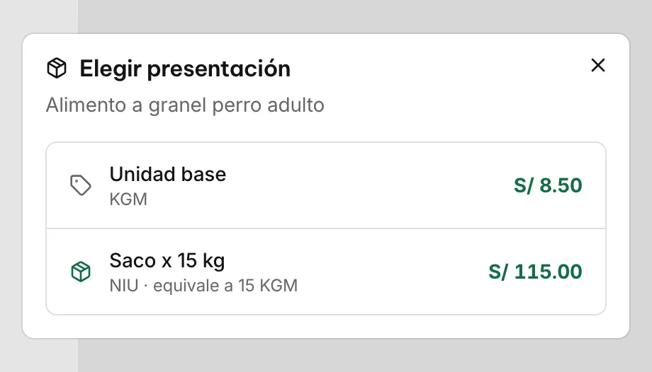 Elegir presentación del alimento a granel para perro: el kilo a S/ 8.50 o el saco de 15 kg a S/ 115.00